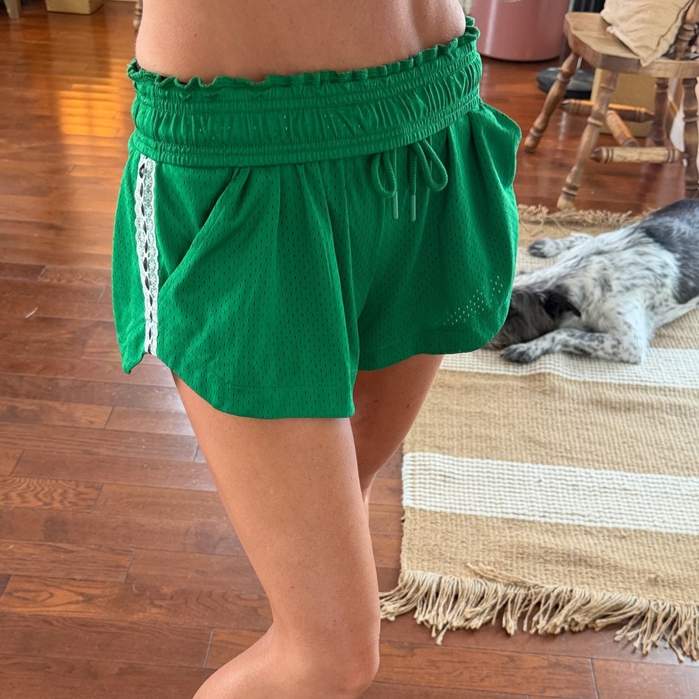 Urban Outfitters Bright Green Mesh Athletic Shorts with Lace Trim